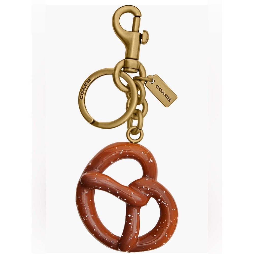 Coach Brown Pretzel Key Ring Bag Charm Gold Hardware New